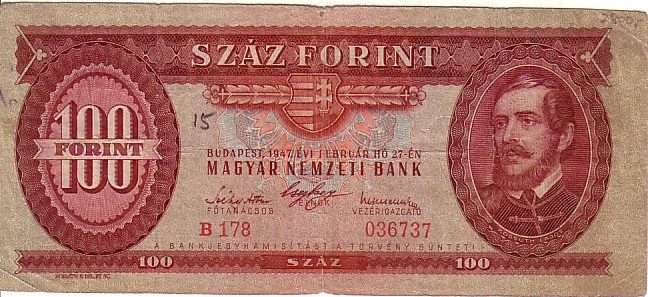 100 forint 1947 Kossuth-címer VF